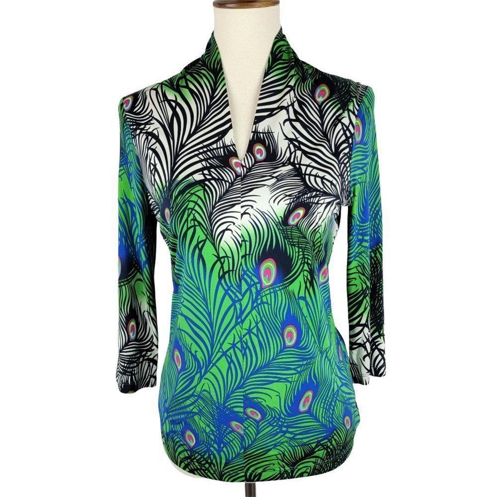 Motive Green Pink Black Blue Peacock Feather V Neck Long Sleeves Top Size S